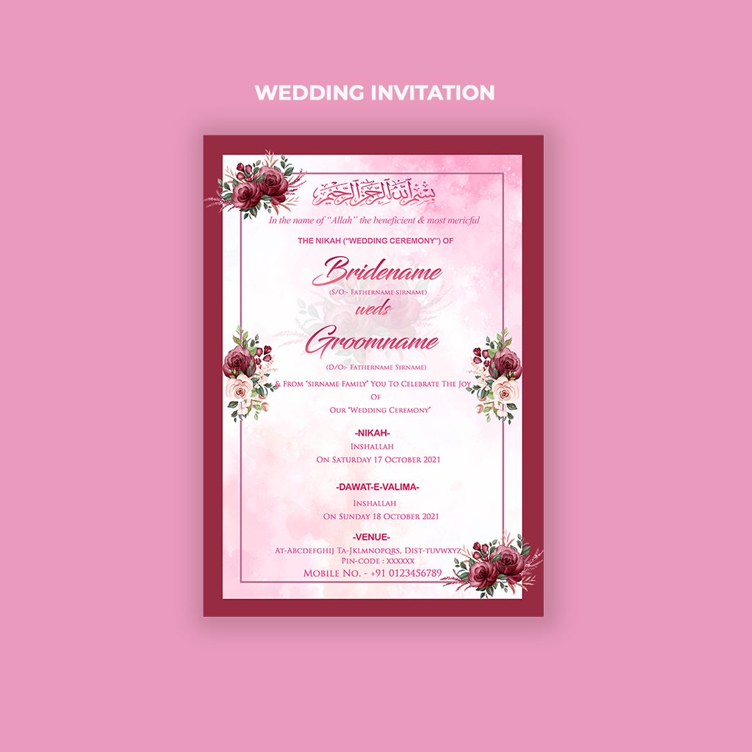 Elegant Islamic Nikah Wedding Invitation Card – Floral Pink Muslim Marriage Card Design